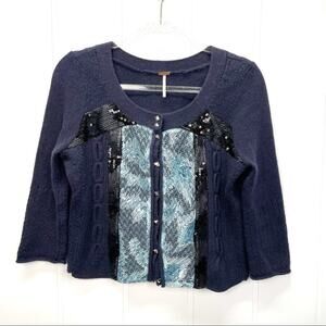 Free People Cable Knit Crop Cardigan Size Small Navy Sequins Wool Angora